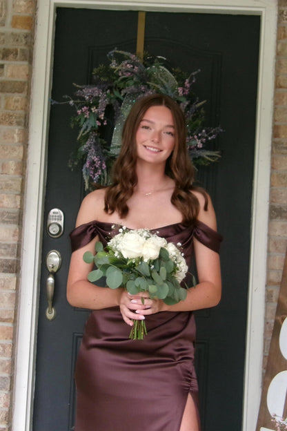 Off the Shoulder Chocolate Brown Satin Long Prom Dresses