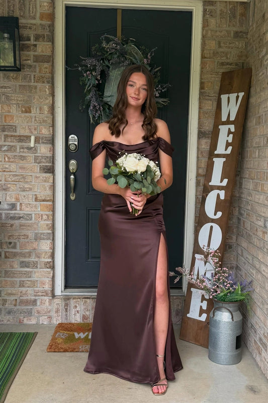 Off the Shoulder Chocolate Brown Satin Long Prom Dresses