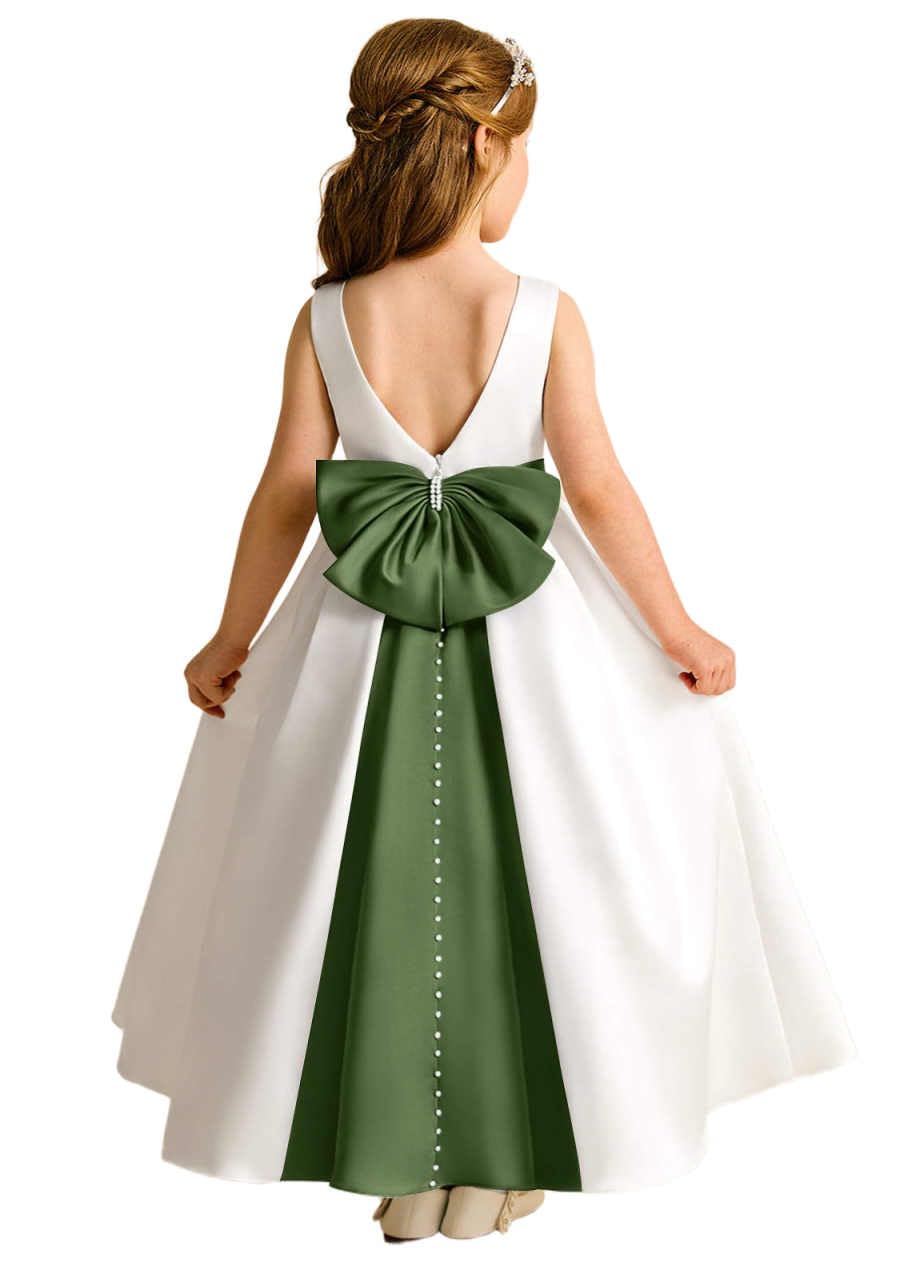 Girls Ivory Satin Flower Girl Dress Sleeveless A-Line Ball Gown with Green Sash for Wedding