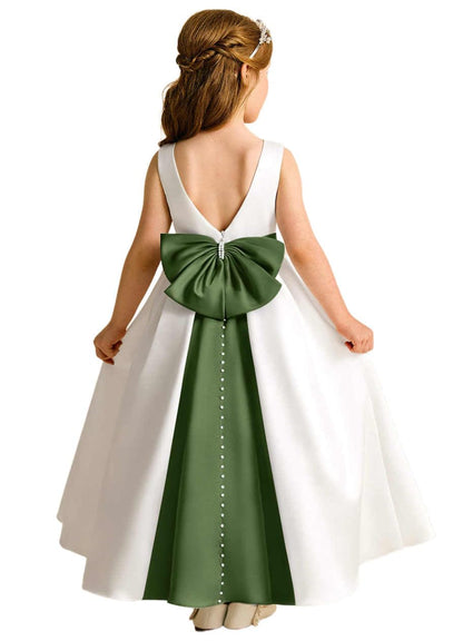 Girls Ivory Satin Flower Girl Dress Sleeveless A-Line Ball Gown with Green Sash for Wedding