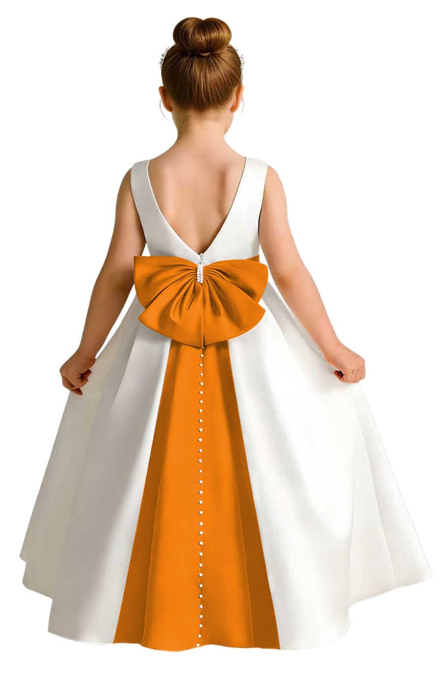 Girls Ivory Satin Flower Girl Dress Sleeveless A-Line Ball Gown with Green Sash for Wedding