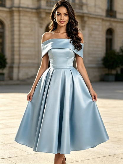 A Line Off the Shoulder Dusty Blue Satin Tea Length Prom Dresses with Lace-Up Back