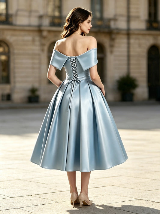 A Line Off the Shoulder Dusty Blue Satin Tea Length Prom Dresses with Lace-Up Back