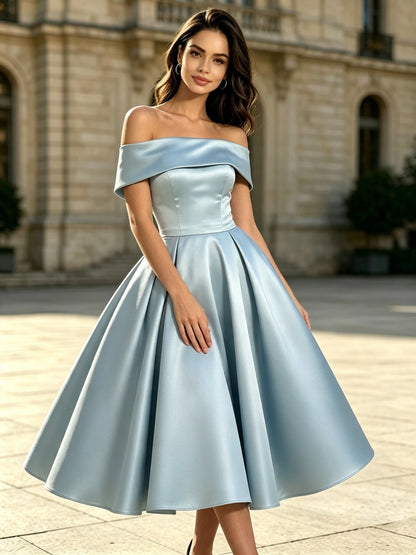 A Line Off the Shoulder Dusty Blue Satin Tea Length Prom Dresses with Lace-Up Back