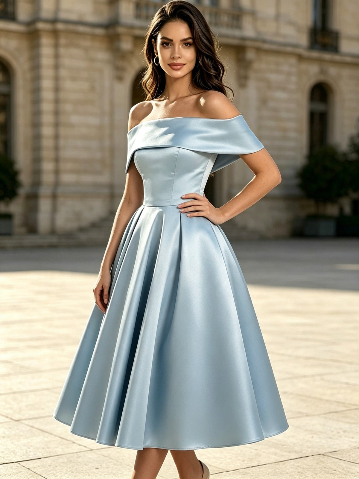 A Line Off the Shoulder Dusty Blue Satin Tea Length Prom Dresses with Lace-Up Back