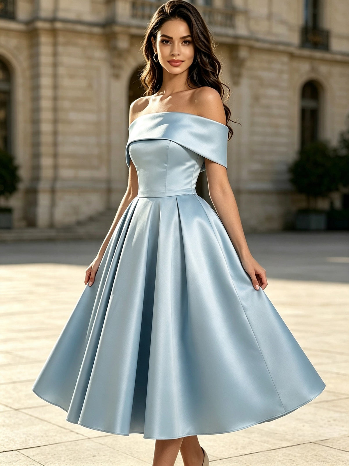 A Line Off the Shoulder Dusty Blue Satin Tea Length Prom Dresses with Lace-Up Back