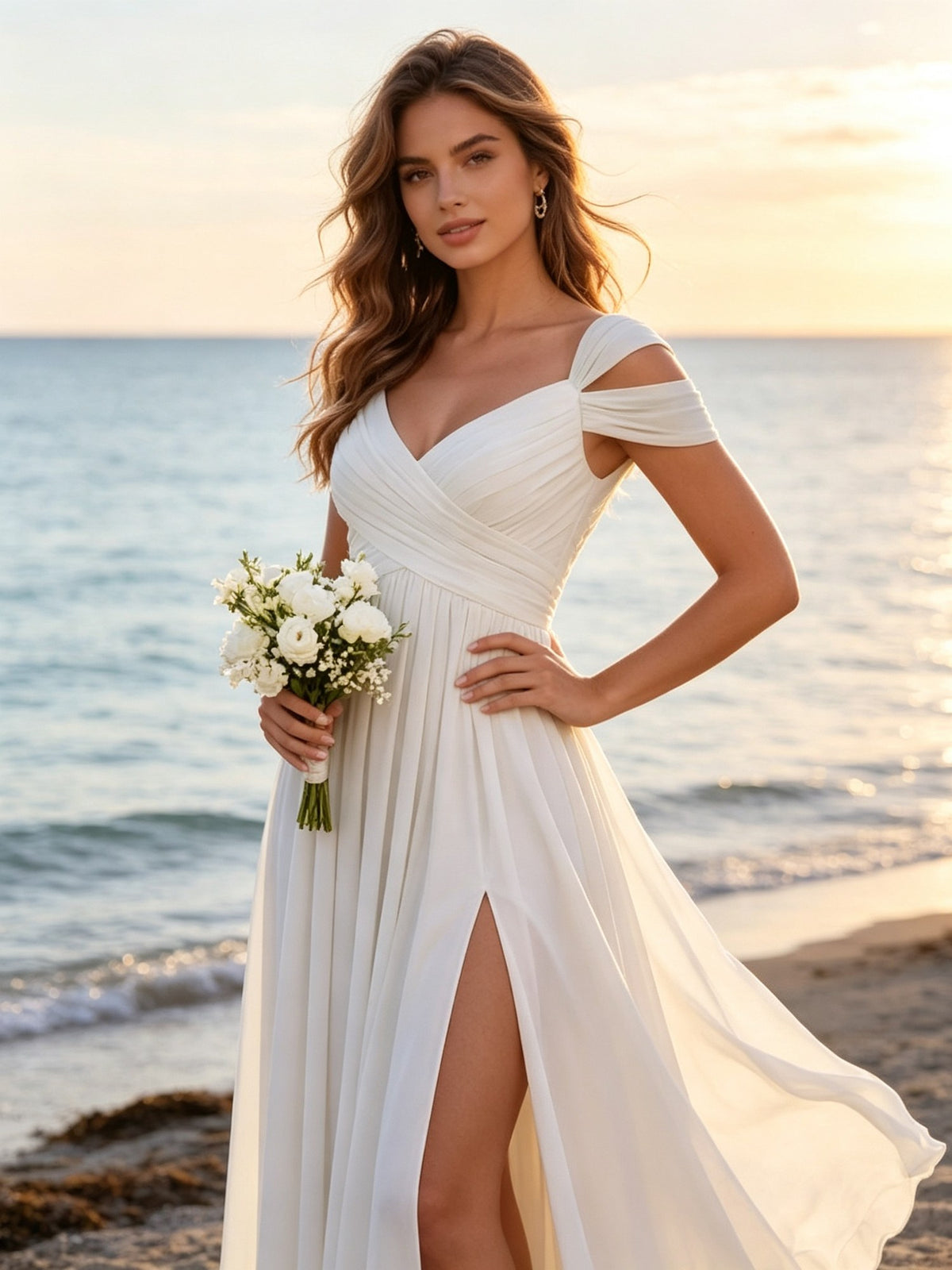 A Line V Neck Ivory Chiffon Long Prom Dresses with Cold Shoulder Sleeves and Slit