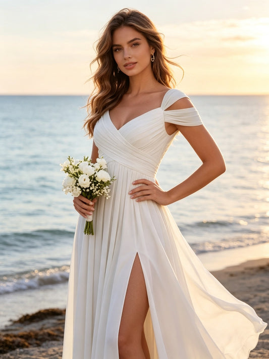 A Line V Neck Ivory Chiffon Long Prom Dresses with Cold Shoulder Sleeves and Slit