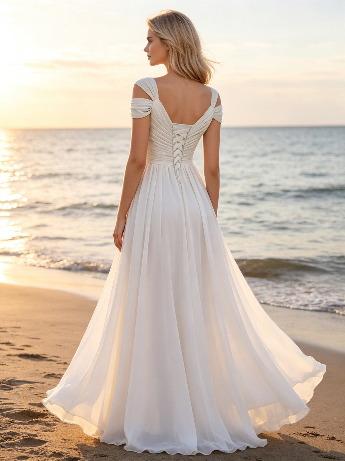 A Line V Neck Ivory Chiffon Long Prom Dresses with Cold Shoulder Sleeves and Slit