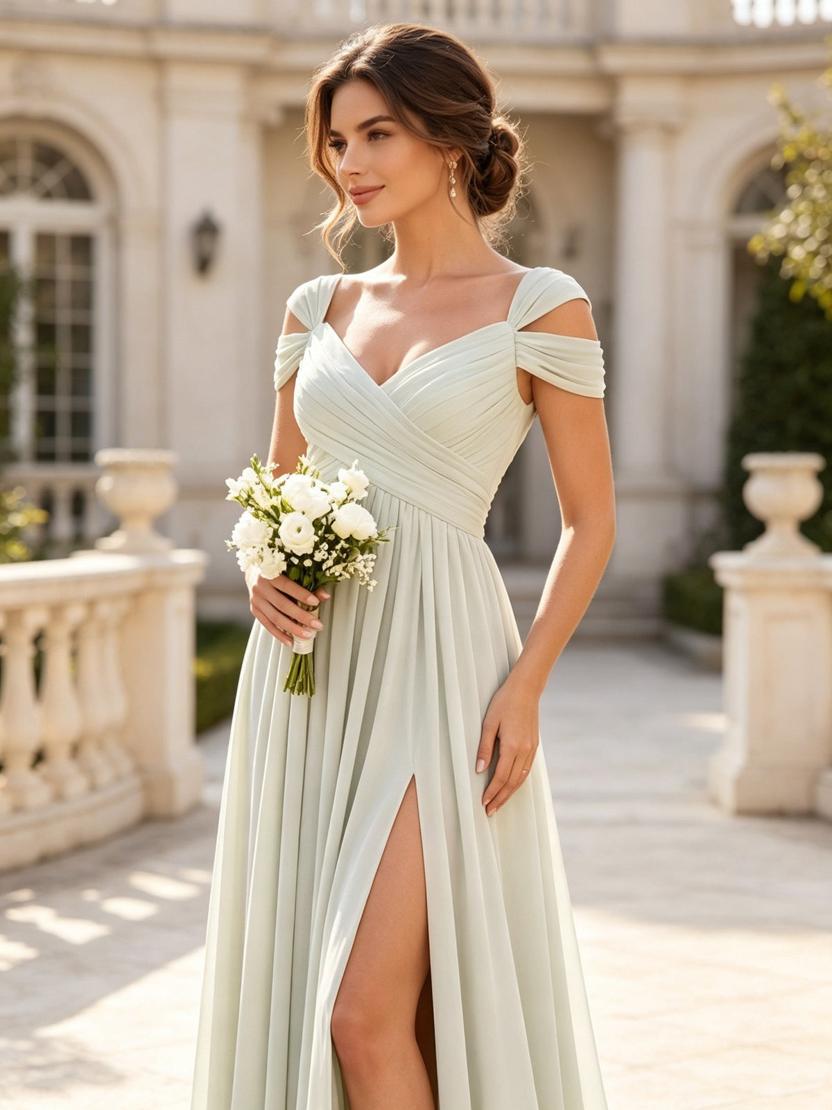 A Line V Neck Ivory Chiffon Long Prom Dresses with Cold Shoulder Sleeves and Slit