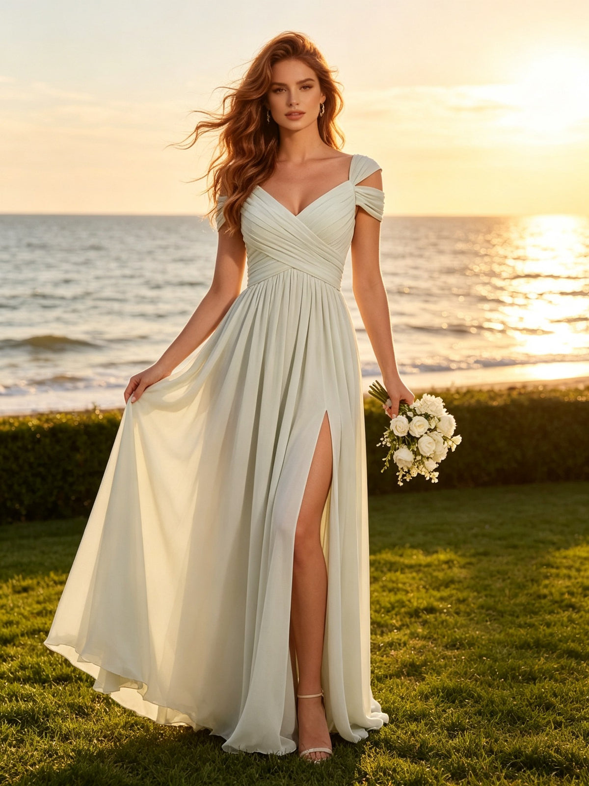 A Line V Neck Ivory Chiffon Long Prom Dresses with Cold Shoulder Sleeves and Slit