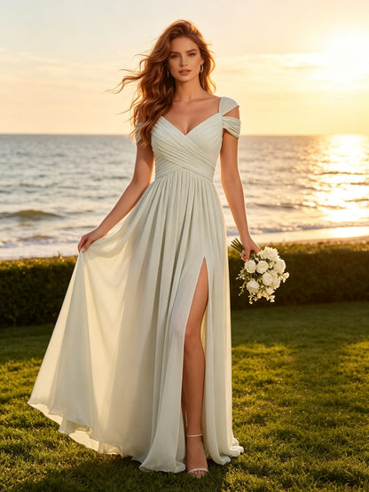 A Line V Neck Ivory Chiffon Long Prom Dresses with Cold Shoulder Sleeves and Slit