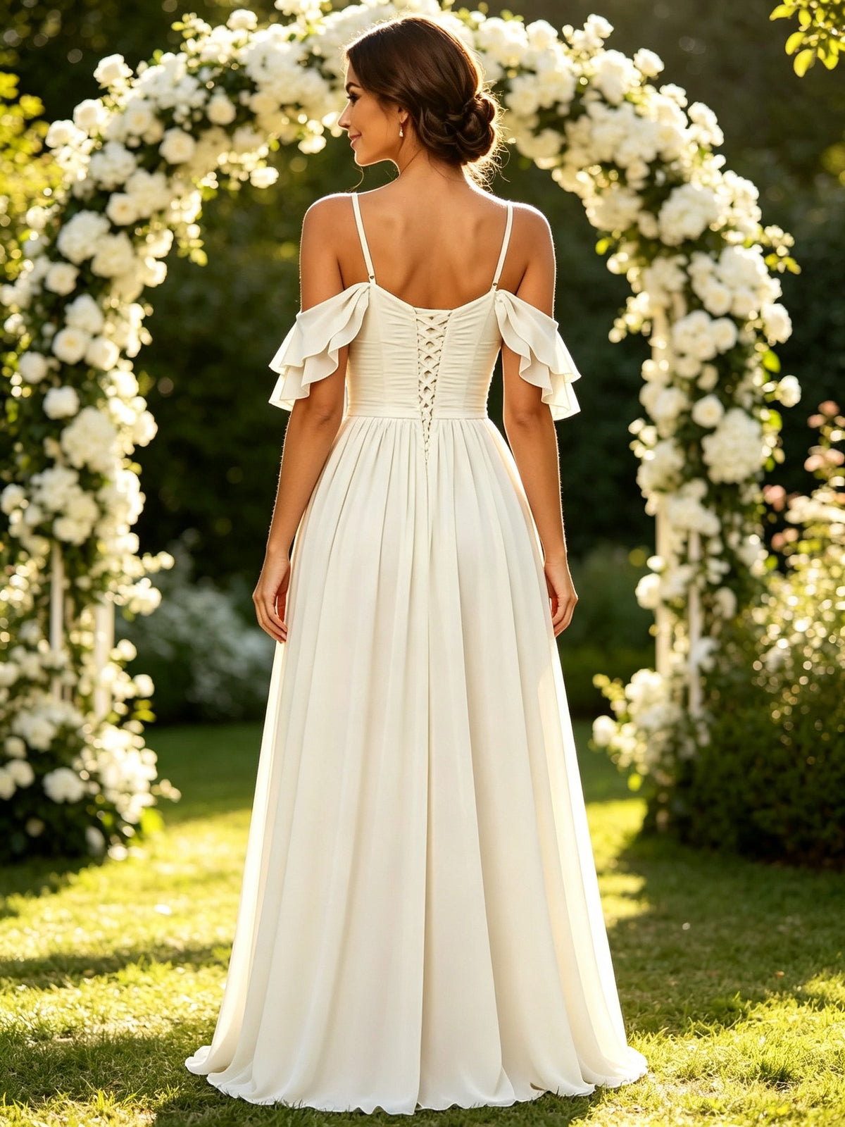 A Line Sweetheart Ivory Chiffon Long Prom Dresses with Ruffle Sleeves and Slit