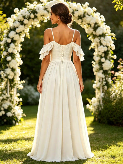 A Line Sweetheart Ivory Chiffon Long Prom Dresses with Ruffle Sleeves and Slit