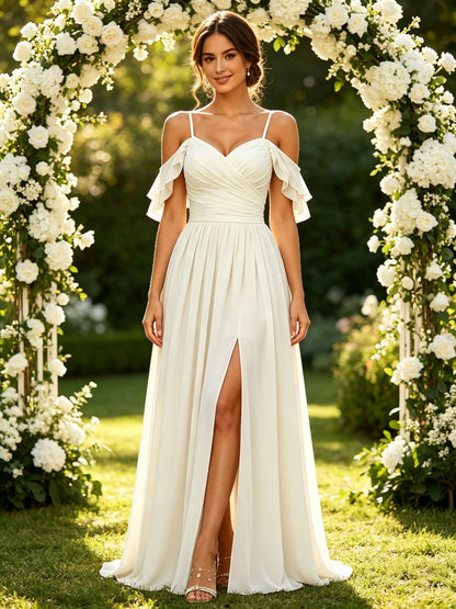 A Line Sweetheart Ivory Chiffon Long Prom Dresses with Ruffle Sleeves and Slit