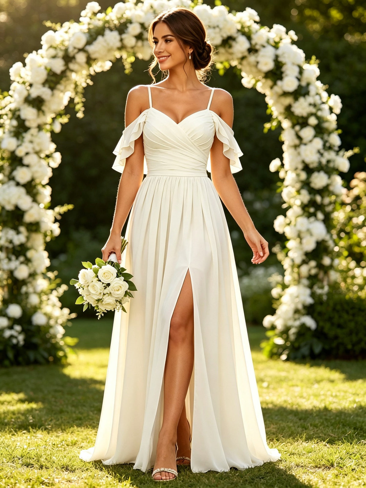 A Line Sweetheart Ivory Chiffon Long Prom Dresses with Ruffle Sleeves and Slit