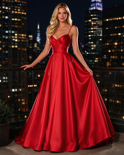 A Line V Neck Red Satin Long Prom Dresses with Spaghetti Straps