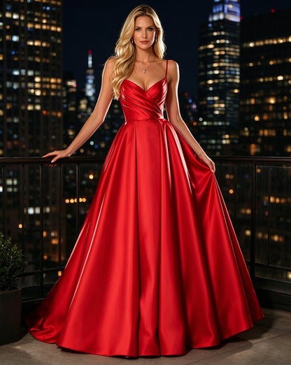 A Line V Neck Red Satin Long Prom Dresses with Spaghetti Straps