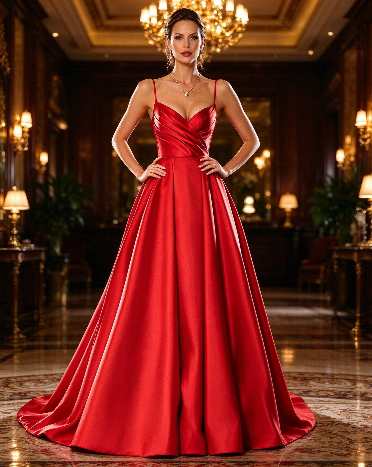 A Line V Neck Red Satin Long Prom Dresses with Spaghetti Straps