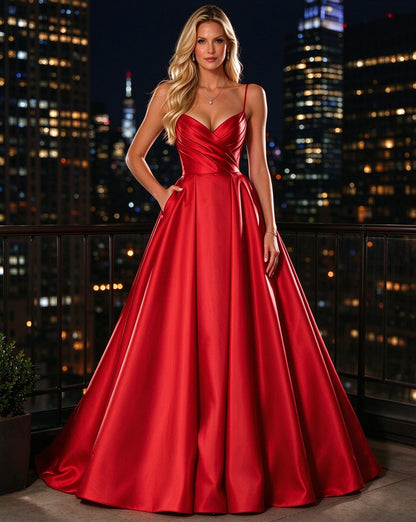A Line V Neck Red Satin Long Prom Dresses with Spaghetti Straps
