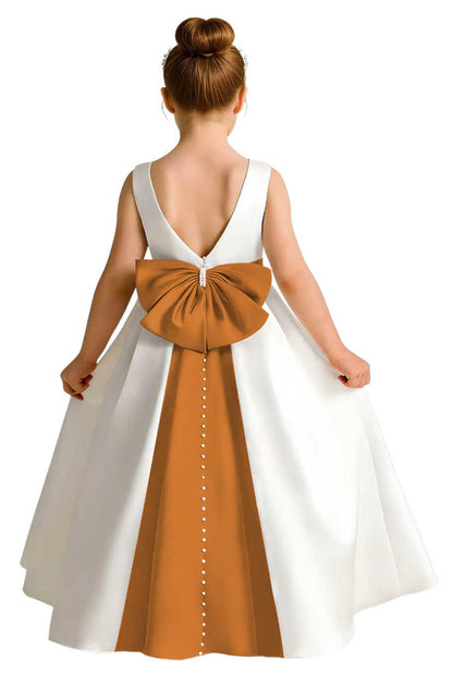 Girls Ivory Satin Flower Girl Dress Sleeveless A-Line Ball Gown with Green Sash for Wedding