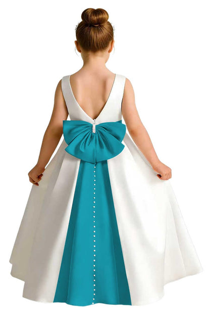 Girls Ivory Satin Flower Girl Dress Sleeveless A-Line Ball Gown with Green Sash for Wedding