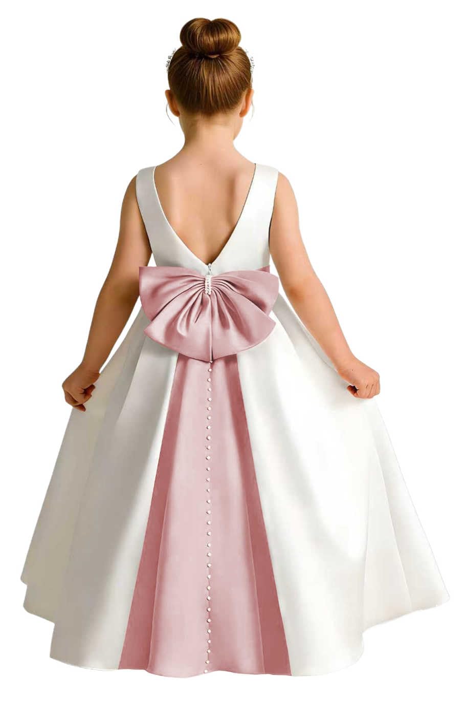 Girls Ivory Satin Flower Girl Dress Sleeveless A-Line Ball Gown with Green Sash for Wedding