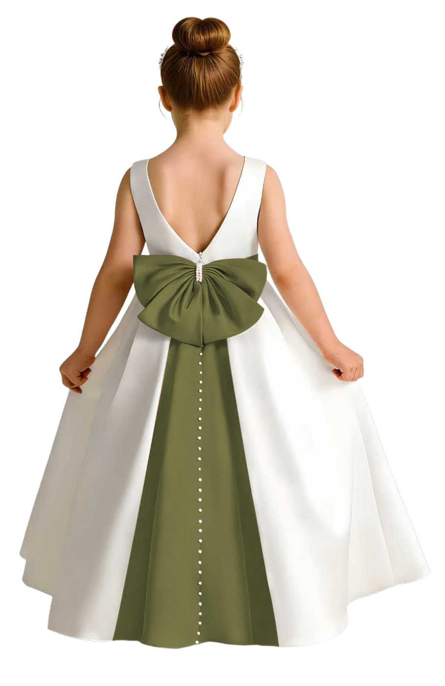 Girls Ivory Satin Flower Girl Dress Sleeveless A-Line Ball Gown with Green Sash for Wedding