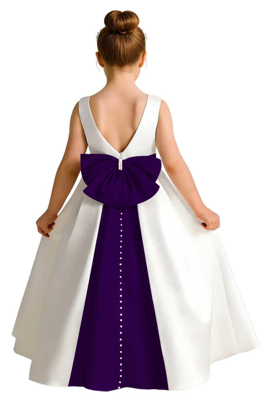Girls Ivory Satin Flower Girl Dress Sleeveless A-Line Ball Gown with Green Sash for Wedding