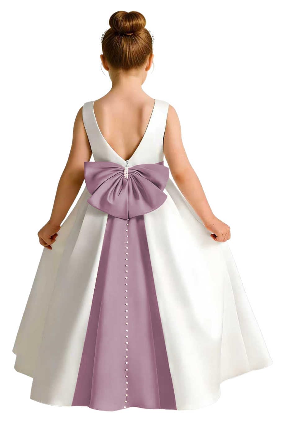 Girls Ivory Satin Flower Girl Dress Sleeveless A-Line Ball Gown with Green Sash for Wedding