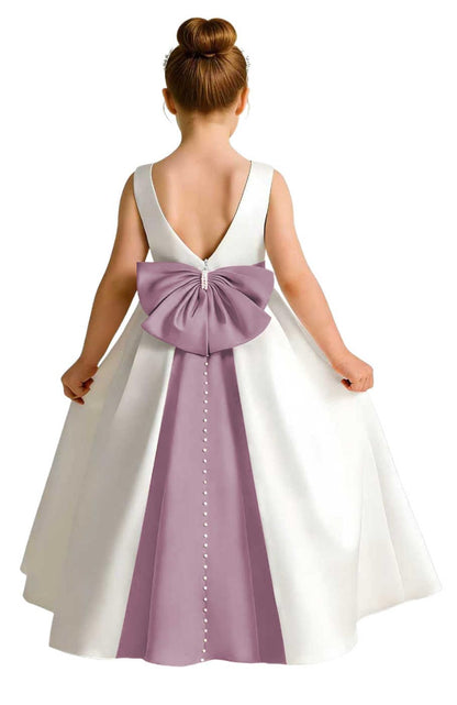 Girls Ivory Satin Flower Girl Dress Sleeveless A-Line Ball Gown with Green Sash for Wedding