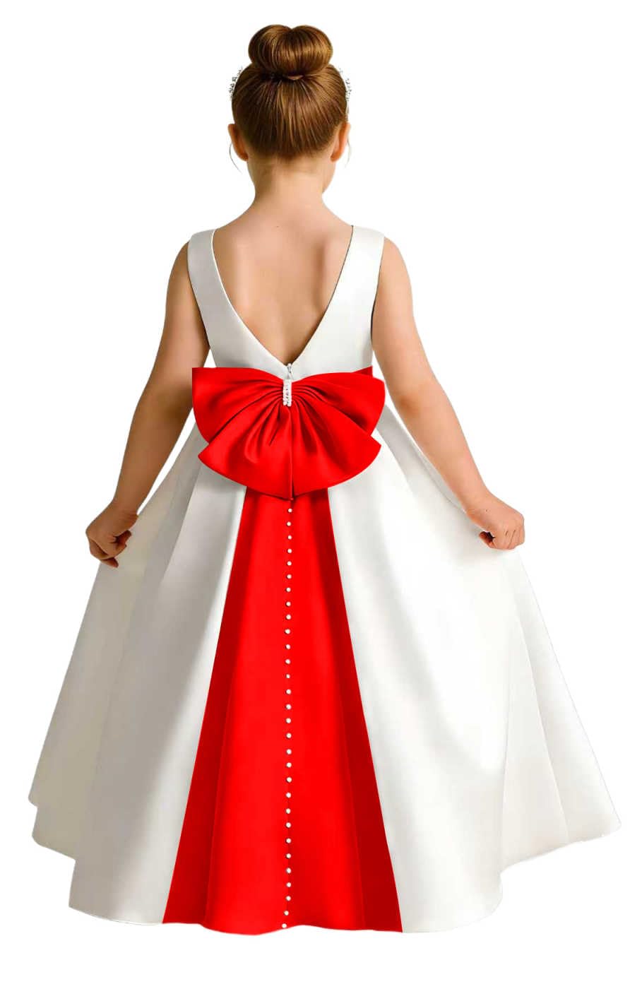 Girls Ivory Satin Flower Girl Dress Sleeveless A-Line Ball Gown with Green Sash for Wedding