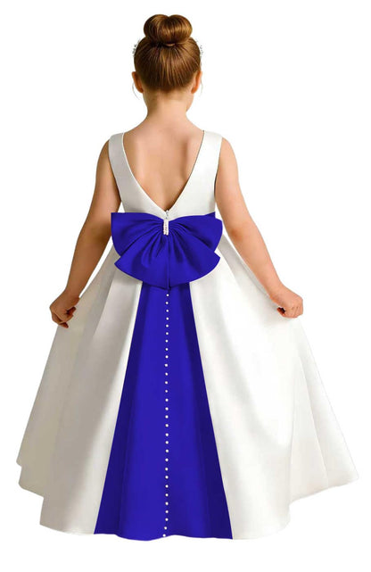 Girls Ivory Satin Flower Girl Dress Sleeveless A-Line Ball Gown with Green Sash for Wedding