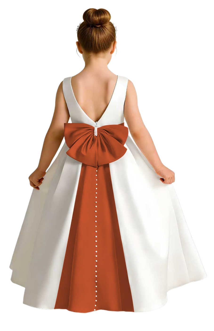 Girls Ivory Satin Flower Girl Dress Sleeveless A-Line Ball Gown with Green Sash for Wedding