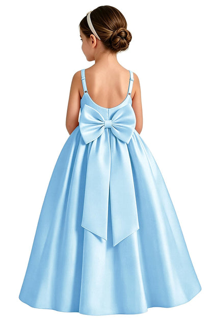 Girls White Satin Flower Girl Dress Sleeveless A-Line Ball Gown with Bow Back for Wedding and Formal Occasions