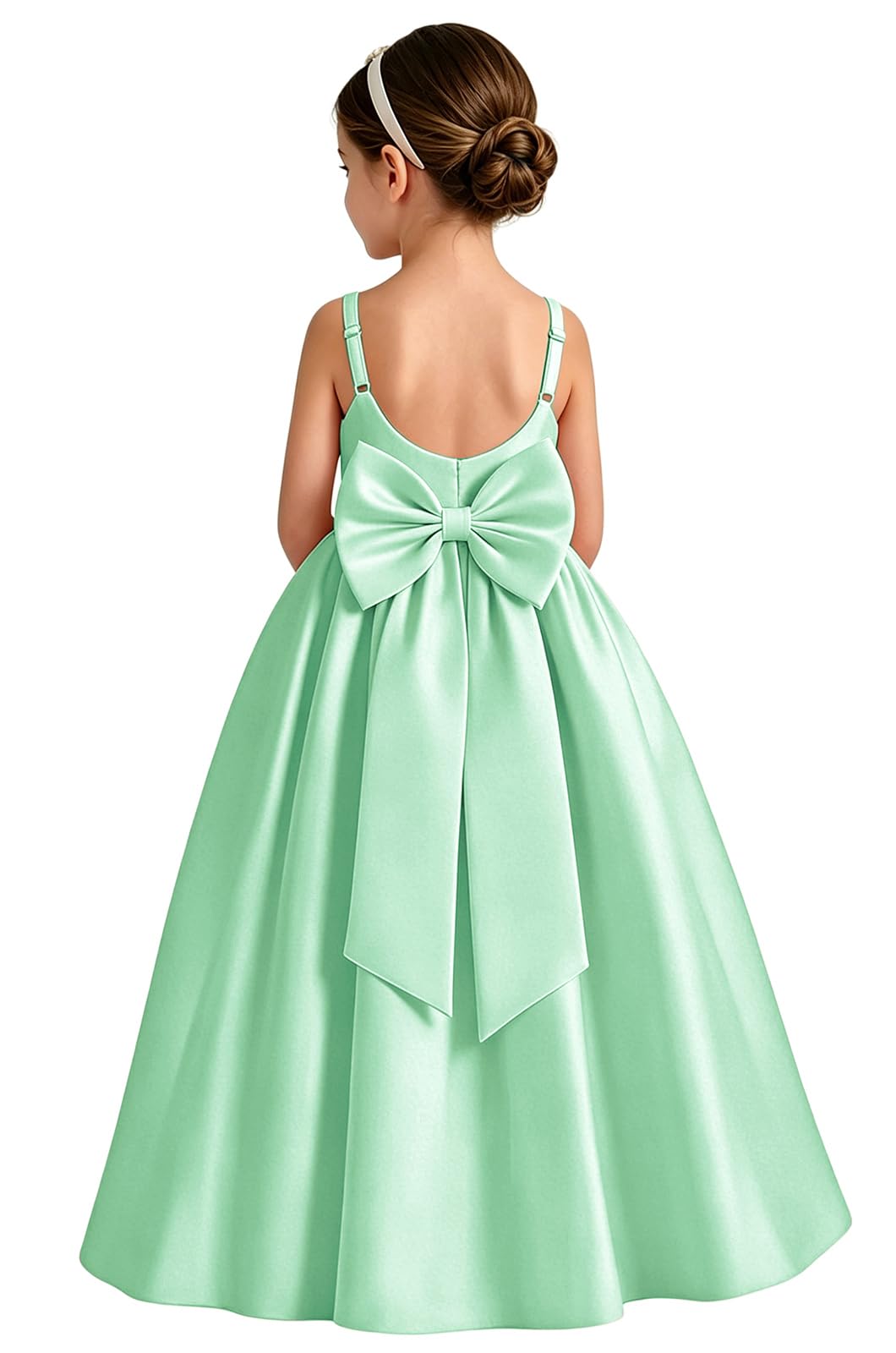 Girls White Satin Flower Girl Dress Sleeveless A-Line Ball Gown with Bow Back for Wedding and Formal Occasions