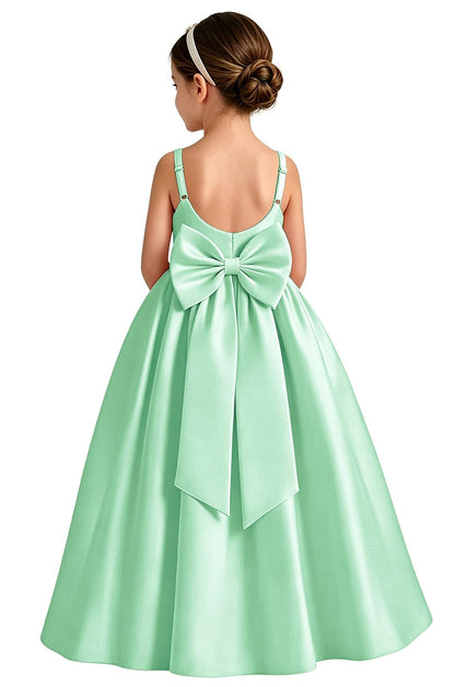 Girls White Satin Flower Girl Dress Sleeveless A-Line Ball Gown with Bow Back for Wedding and Formal Occasions
