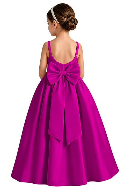 Girls White Satin Flower Girl Dress Sleeveless A-Line Ball Gown with Bow Back for Wedding and Formal Occasions