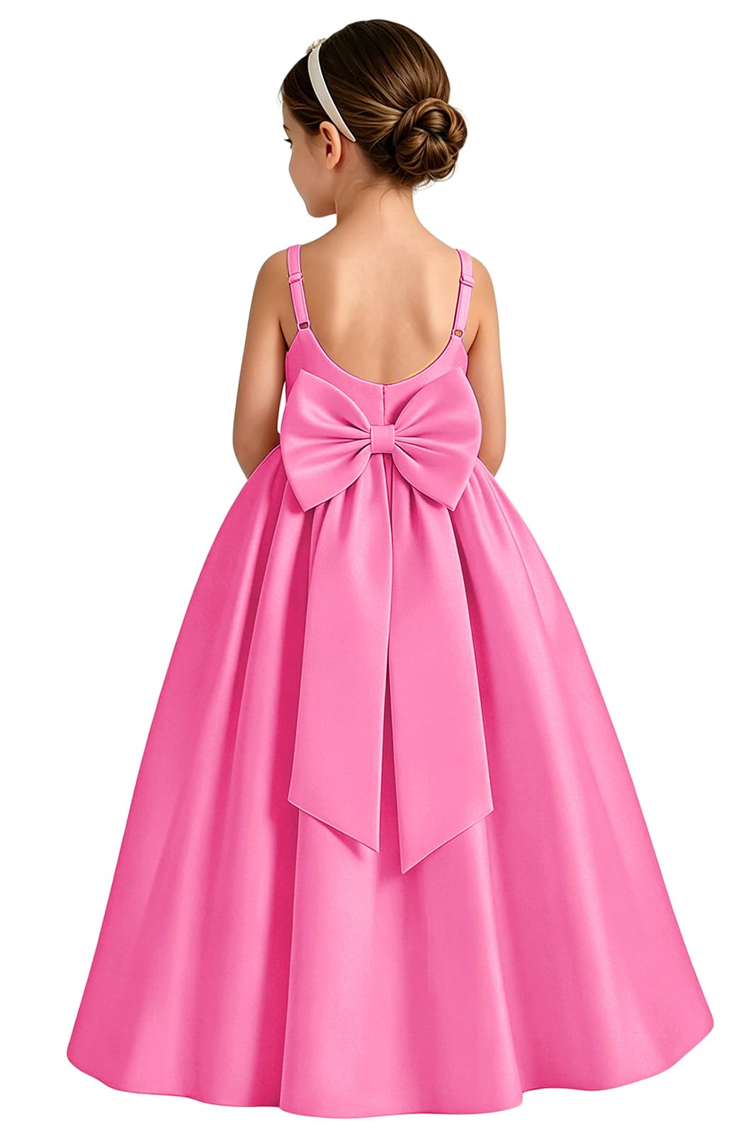 Girls White Satin Flower Girl Dress Sleeveless A-Line Ball Gown with Bow Back for Wedding and Formal Occasions
