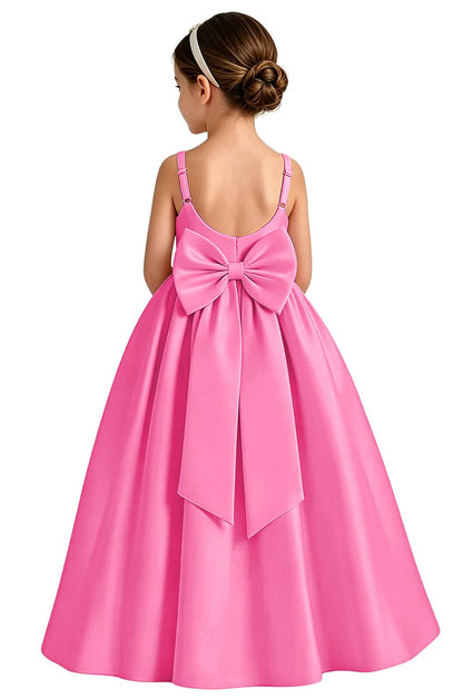 Girls White Satin Flower Girl Dress Sleeveless A-Line Ball Gown with Bow Back for Wedding and Formal Occasions