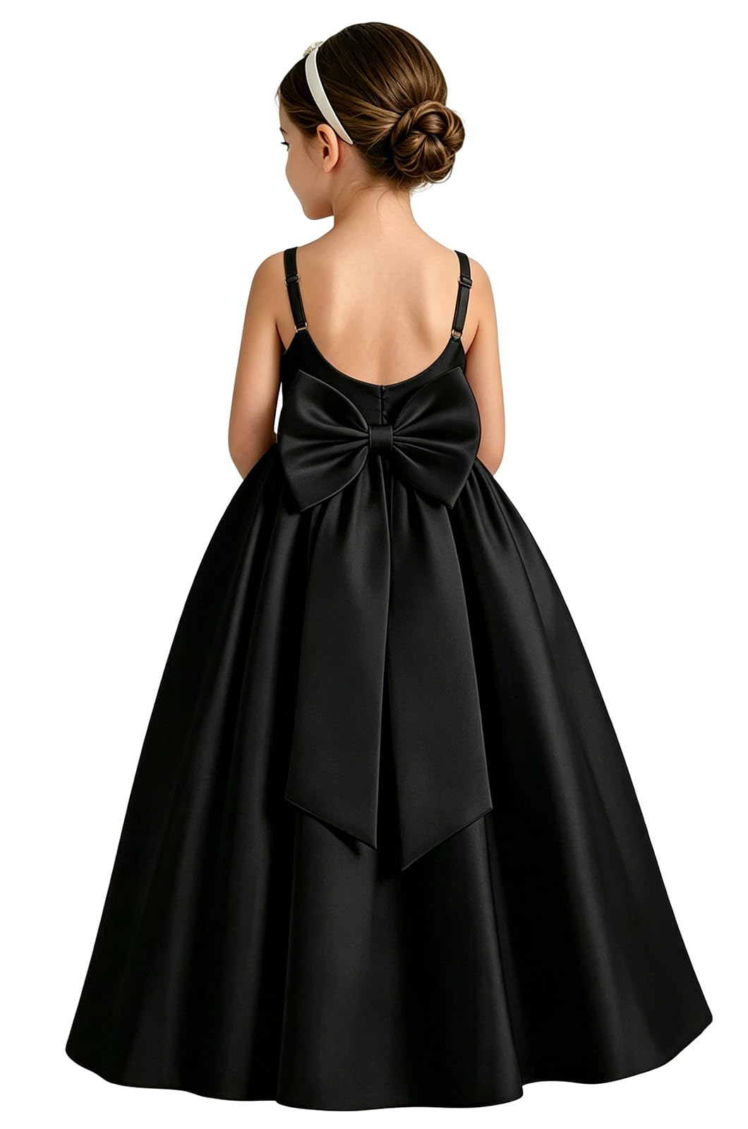 Girls White Satin Flower Girl Dress Sleeveless A-Line Ball Gown with Bow Back for Wedding and Formal Occasions