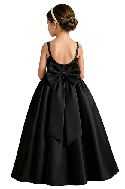 Girls White Satin Flower Girl Dress Sleeveless A-Line Ball Gown with Bow Back for Wedding and Formal Occasions