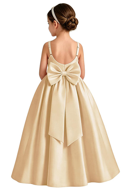 Girls White Satin Flower Girl Dress Sleeveless A-Line Ball Gown with Bow Back for Wedding and Formal Occasions