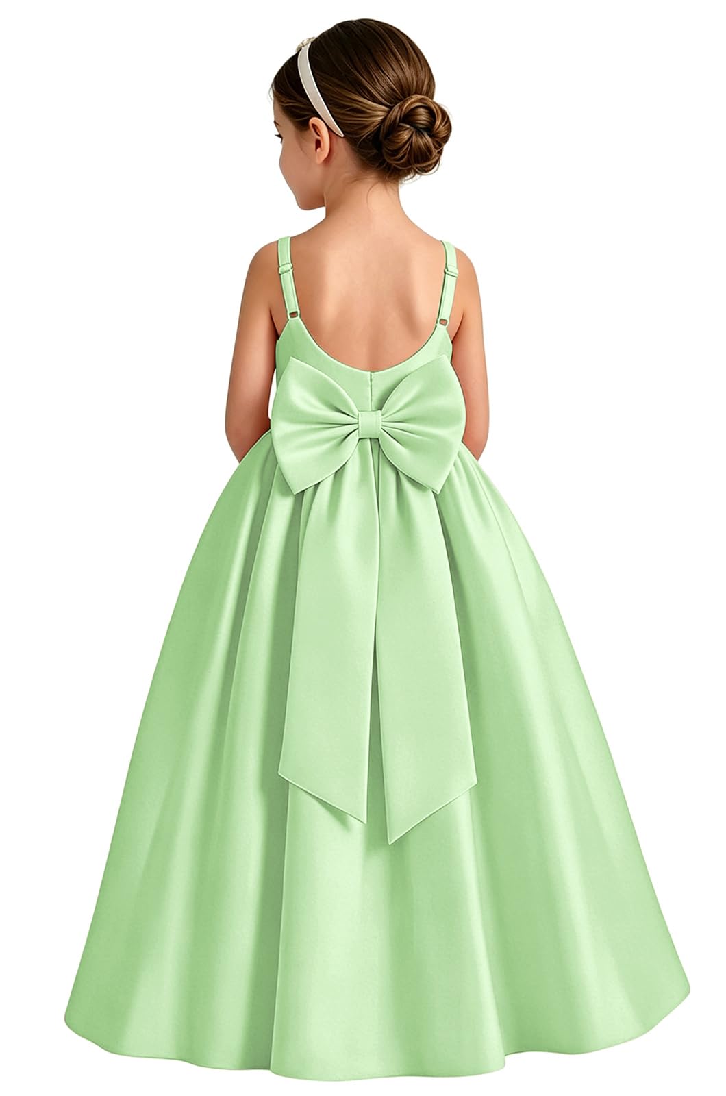 Girls White Satin Flower Girl Dress Sleeveless A-Line Ball Gown with Bow Back for Wedding and Formal Occasions