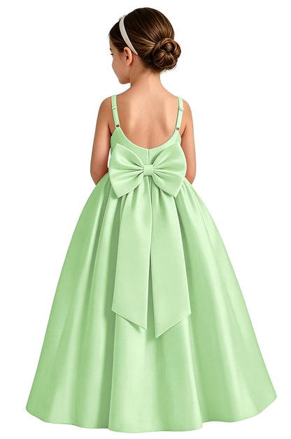 Girls White Satin Flower Girl Dress Sleeveless A-Line Ball Gown with Bow Back for Wedding and Formal Occasions