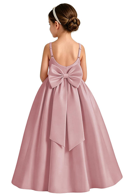 Girls White Satin Flower Girl Dress Sleeveless A-Line Ball Gown with Bow Back for Wedding and Formal Occasions