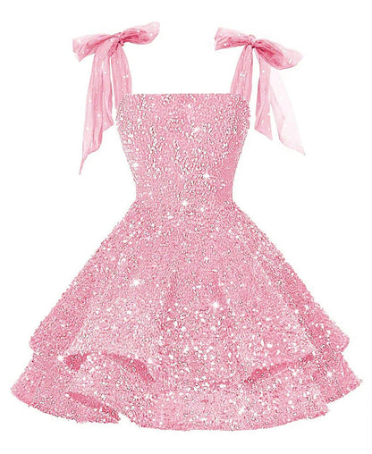 Girls Pink Sequin Flower Girl Dress with Bow Straps