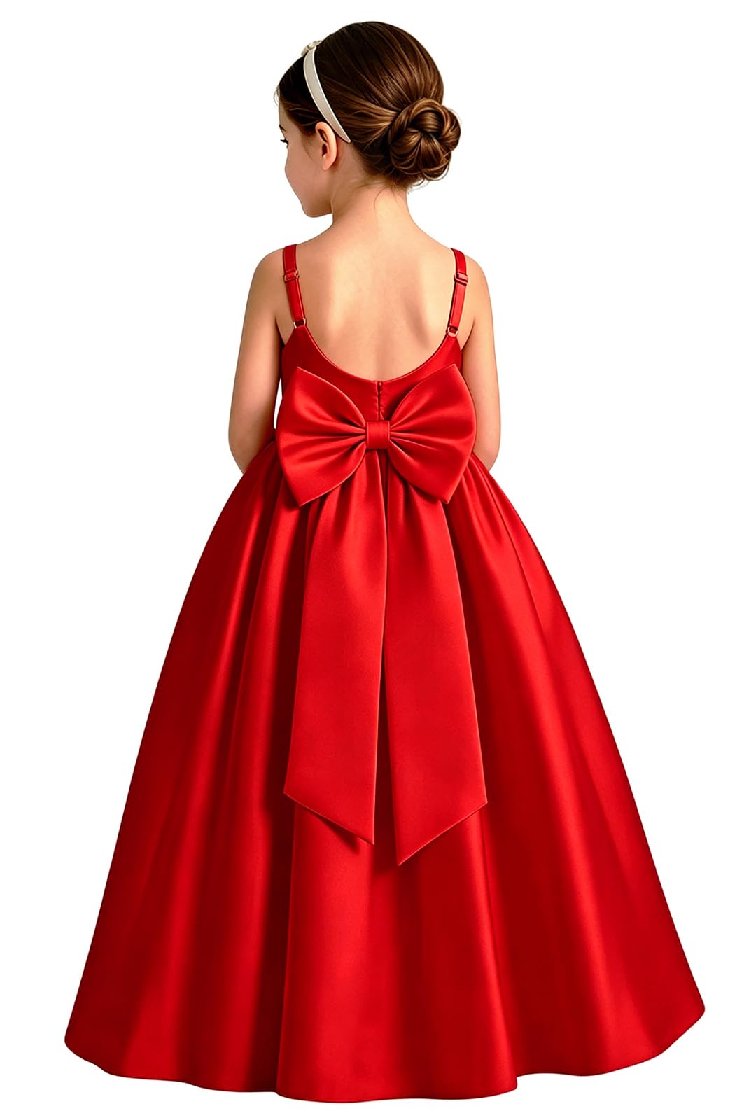 Girls White Satin Flower Girl Dress Sleeveless A-Line Ball Gown with Bow Back for Wedding and Formal Occasions