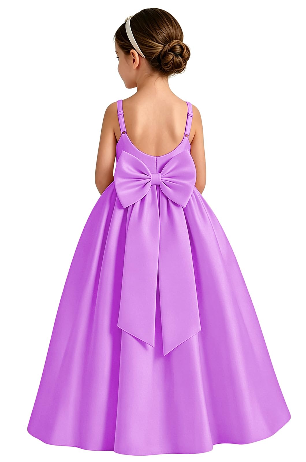 Girls White Satin Flower Girl Dress Sleeveless A-Line Ball Gown with Bow Back for Wedding and Formal Occasions