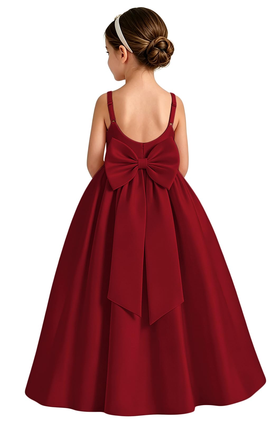 Girls White Satin Flower Girl Dress Sleeveless A-Line Ball Gown with Bow Back for Wedding and Formal Occasions